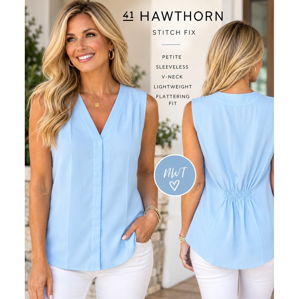 41 Hawthorn Stitch Fix Light Blue Sleeveless V-Neck Blouse Petite Small NWT